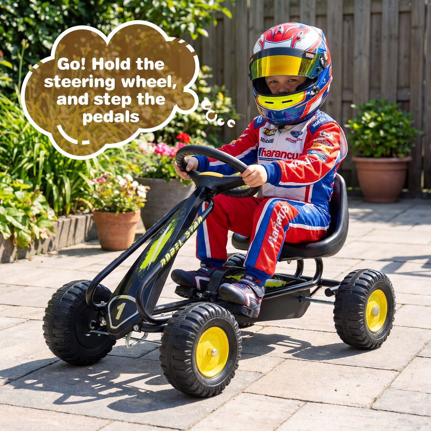 4-Wheel Pedal Car with 2-Position Adjustable Seat and Ergonomic Seat for Boys and Girls