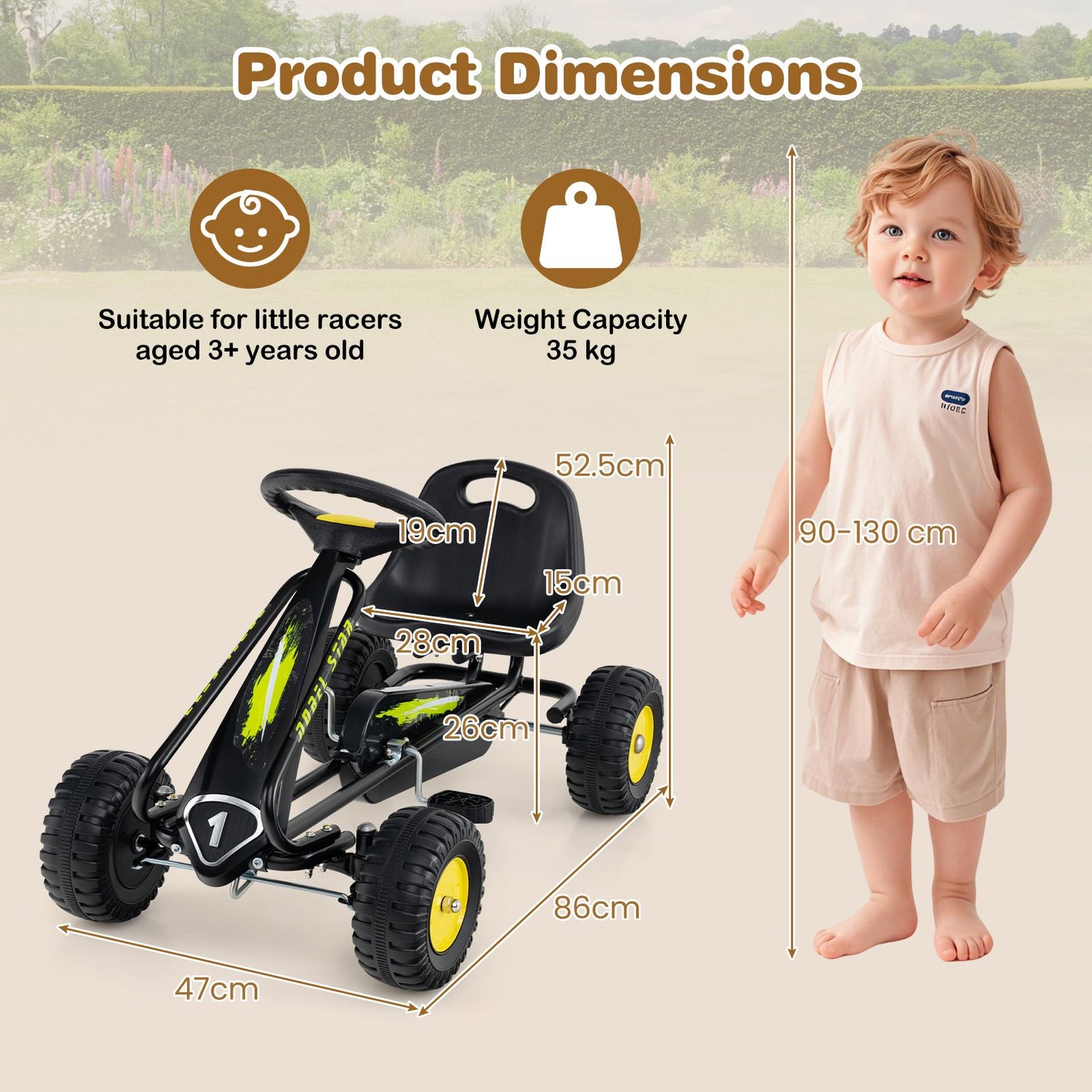 4-Wheel Pedal Car with 2-Position Adjustable Seat and Ergonomic Seat for Boys and Girls
