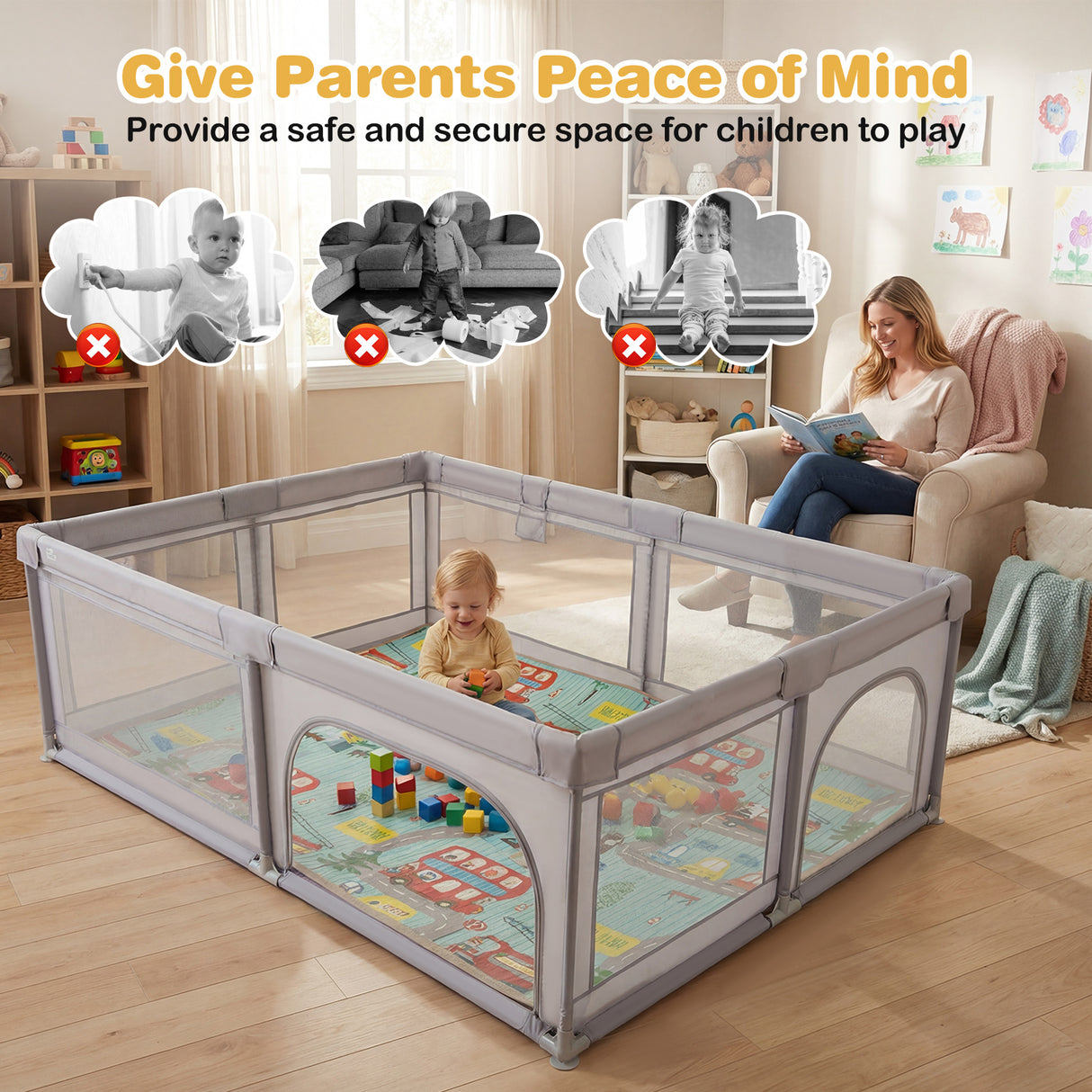 Baby Playpen with Foldable Mat for Infants and Toddlers