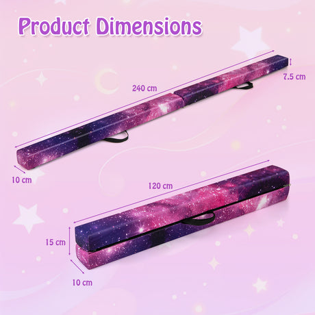 Measurement chart of a purple and pink product with dimensions on a pink background