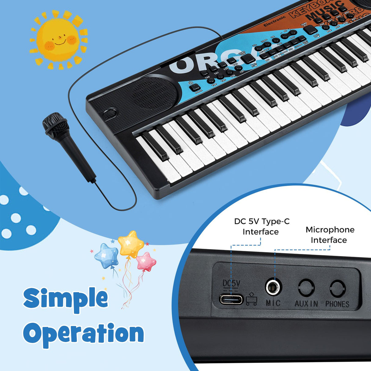49 Keys Portable Electric Keyboard Piano with Microphone and 8 Tones