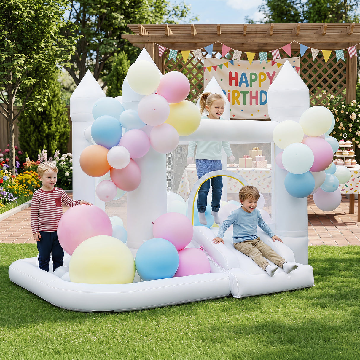 Inflatable Bounce House for Kids with Slide Basketball Hoop and Ball Pit