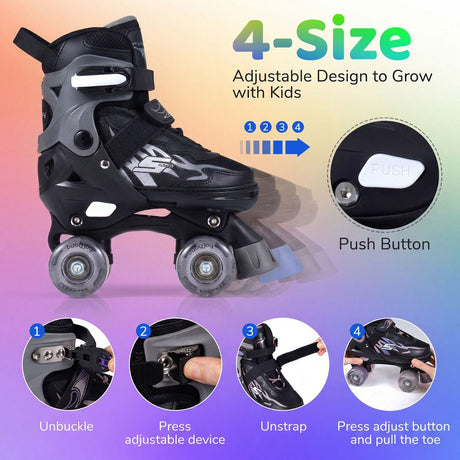 Kids Roller Skates for Teens 4 Sizes Adjustable Quad Skates for Beginners