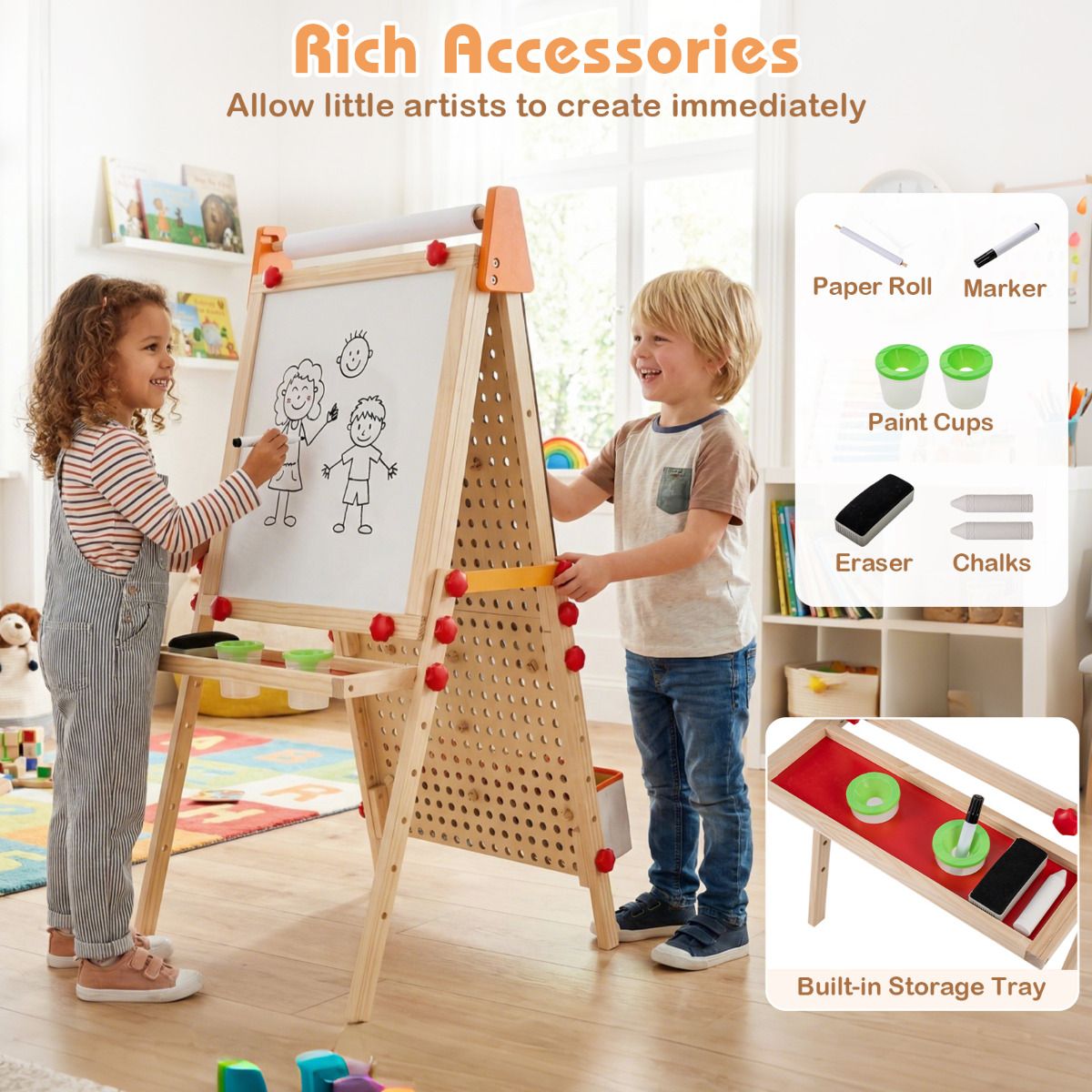 4-in-1 Adjustable Kids Art Easel with Double-Sided Blackboard and Whiteboard for Ages 3+