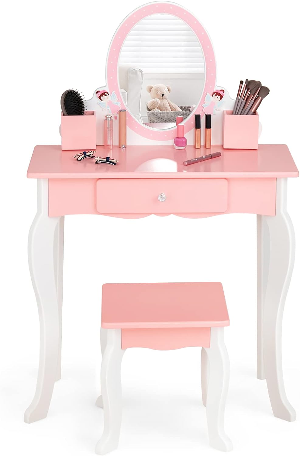 HONEY JOY Kids Vanity Table & Stool Set, 2-in-1 Children Makeup Dressing Table w/Mirror, Chair, Drawer, Pen Holders & Detachable Top