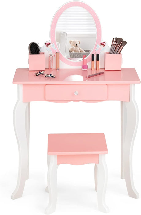 HONEY JOY Kids Vanity Table & Stool Set, 2-in-1 Children Makeup Dressing Table w/Mirror, Chair, Drawer, Pen Holders & Detachable Top