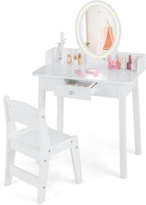 HONEY JOY Wooden Kids Vanity Set w/Lighted Mirror, Makeup Beauty Dressing Table w/Chair