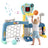 Child playing with a multi-functional toy gym featuring sports equipment on a white background