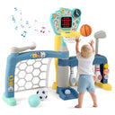 Child playing with a multi-functional toy gym featuring sports equipment on a white background