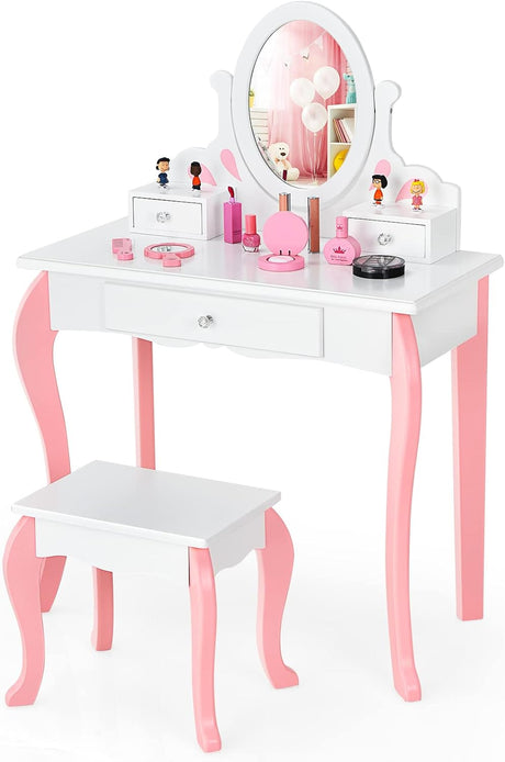 HONEY JOY Kids Vanity Set, Dressing Table for Children with Mirror and Stool, Princess Makeup Table