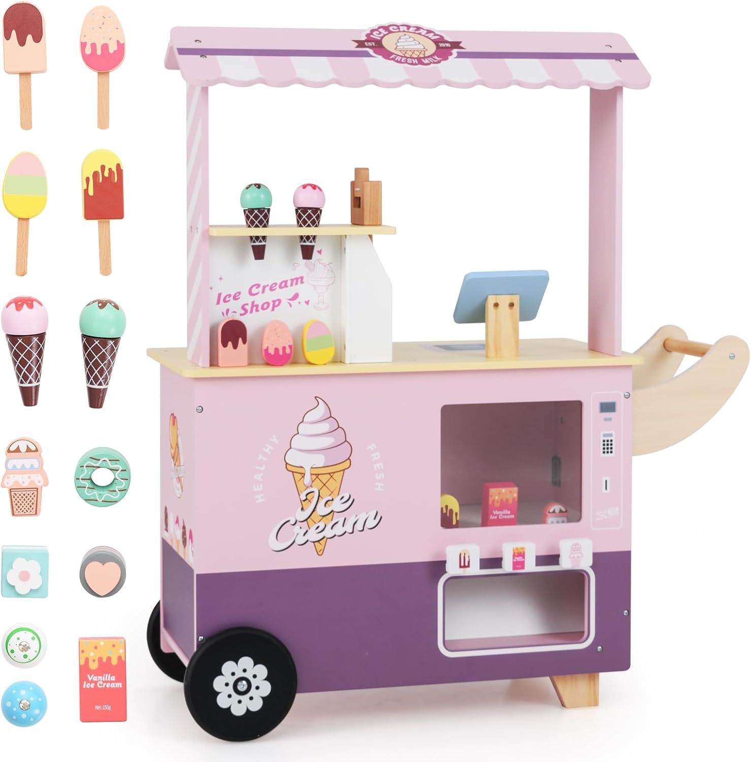 HONEY JOY Kids Ice Cream Cart, Ice Cream Truck Pretend Play Set