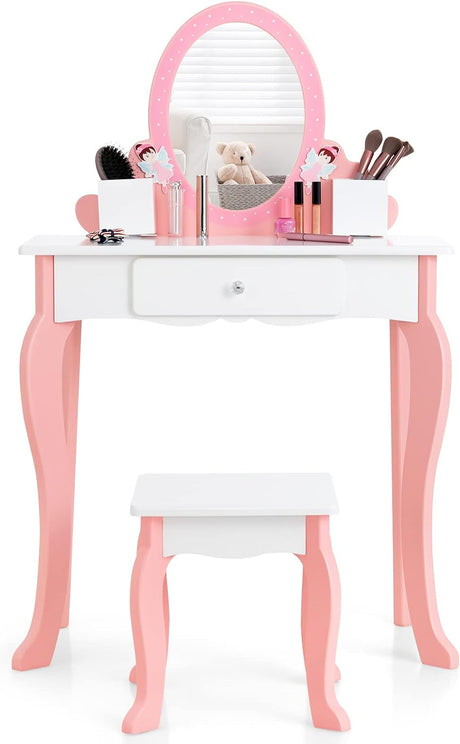 HONEY JOY Kids Vanity Set, Dressing Table for Children with Mirror and Stool, Princess Makeup Table