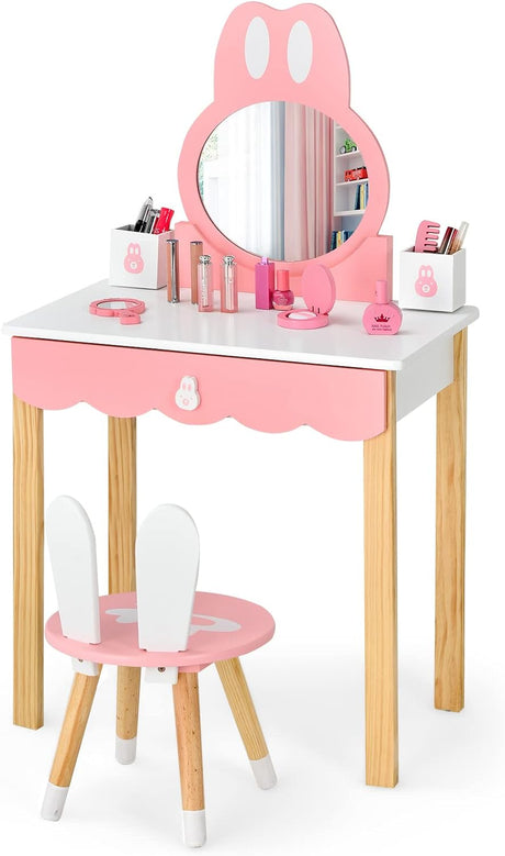 HONEY JOY Kids Vanity Set, Dressing Table for Children with Mirror and Stool, Princess Makeup Table