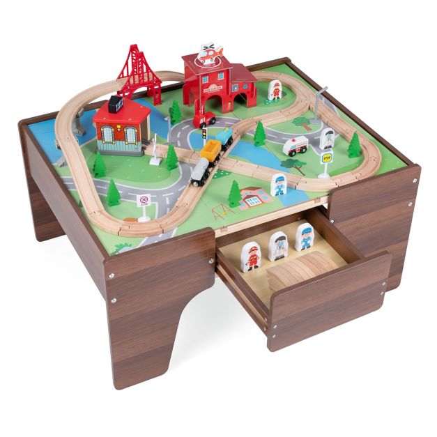 HONEY JOY 63-Piece Kids Wooden Train Table w/Storage Drawer