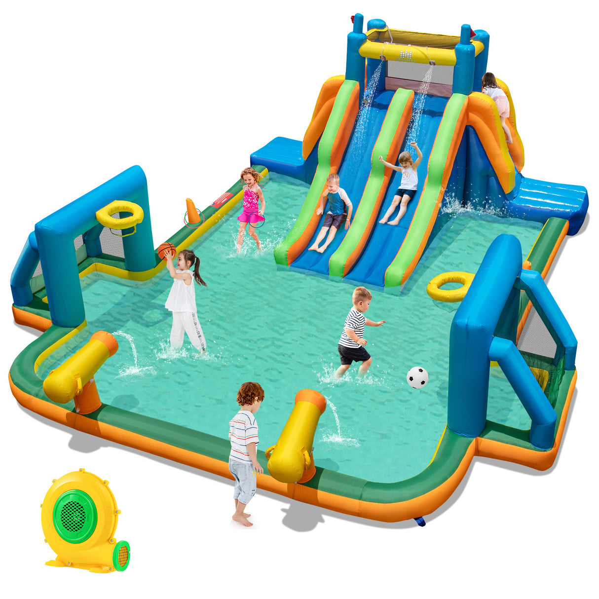 HONEY JOY Inflatable Water Slide, 19x17FT Large Waterslide Park w/Dual Long Slides & Climbing Walls