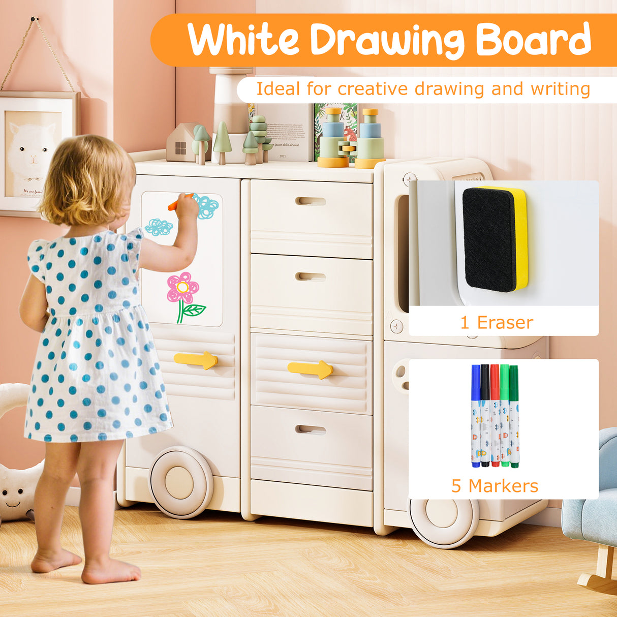 Kids Toy Storage Organizer, Bus-shaped Children Cabinet