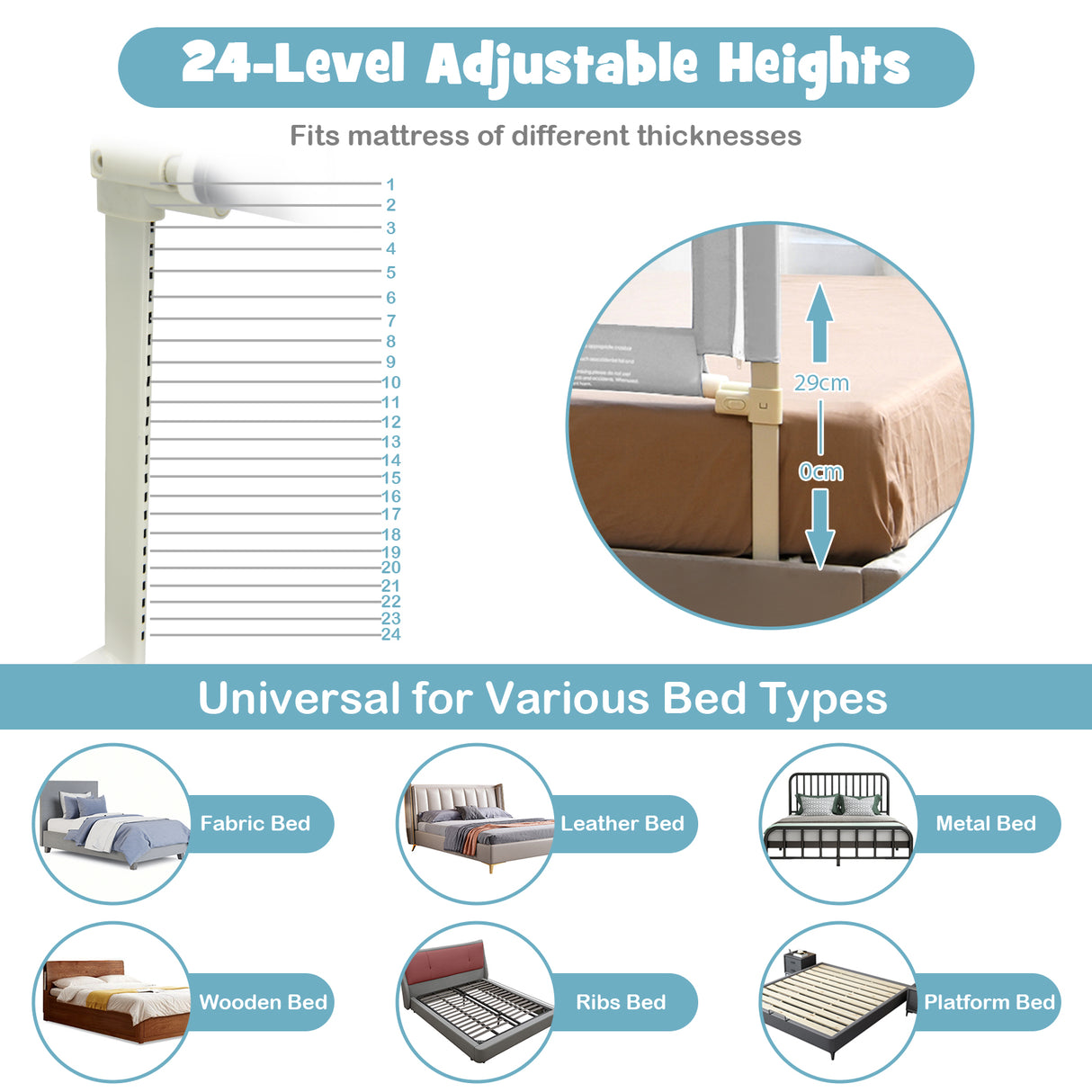 Bed Rail for Toddler, 195cm Vertical Lifting Bed Guardrail w/ Double Safety Lock