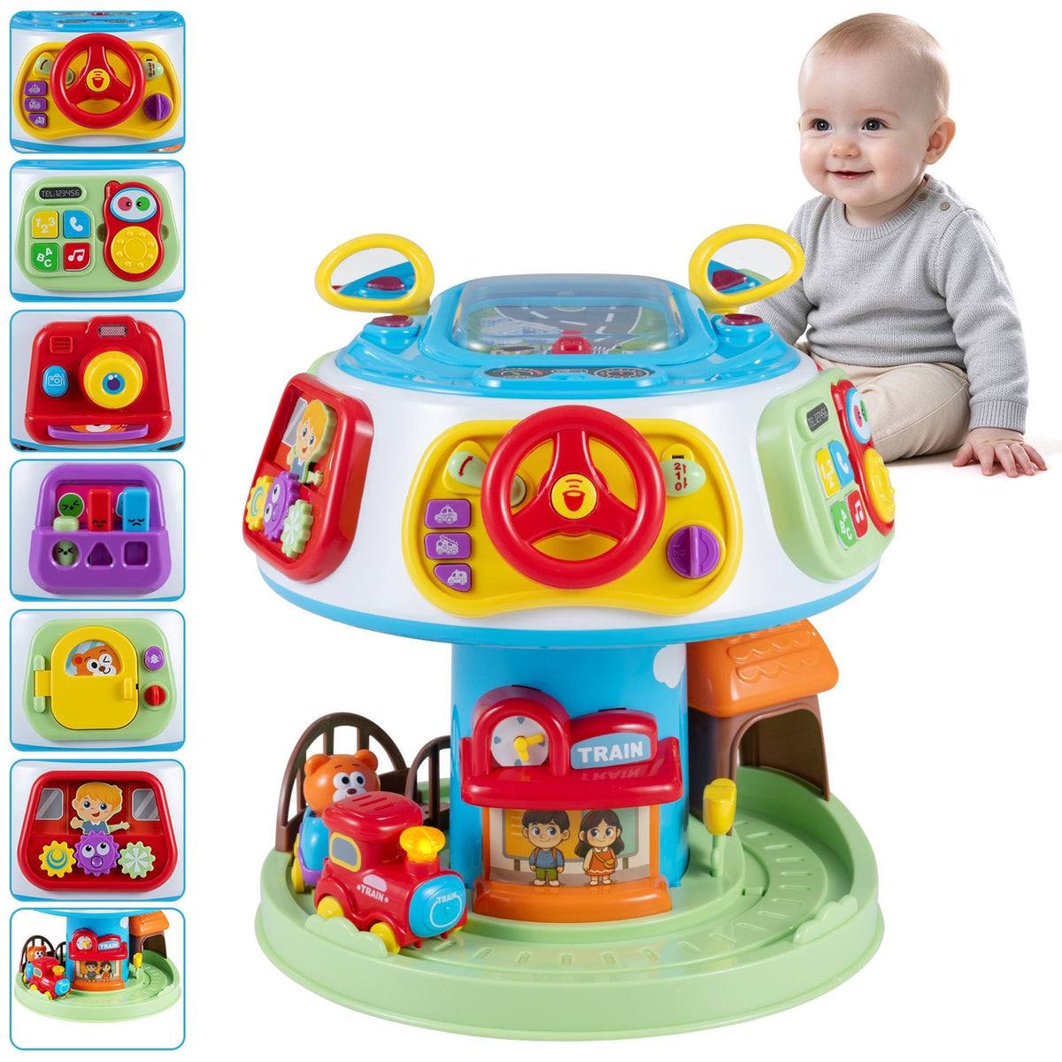 7-in-1 Interactive Toddler Activity Cube Rotatable Busy Board