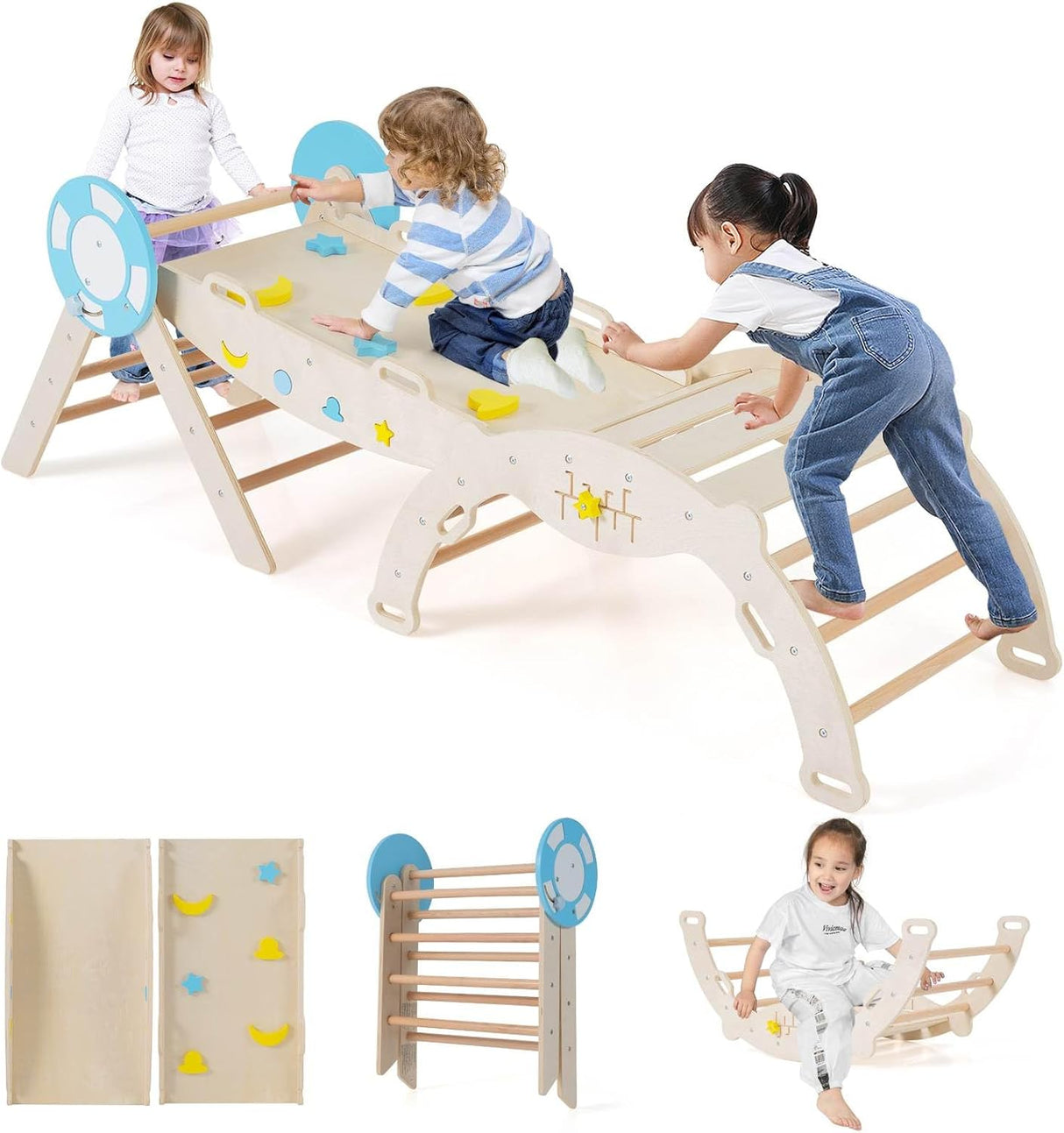 HONEY JOY 8-in-1 Wooden Triangle Set, Foldable Montessori Climbing Toys