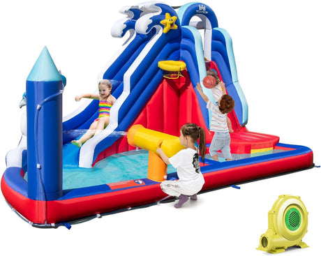HONEY JOY Inflatable Waterslide, 6-in-1 Pirate Ship Bounce House