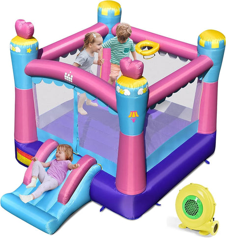 HONEY JOY Inflatable Jumping Castle, 3-in-1 Princess Theme Kids Bounce House w/Fun Slide, Basketball Rim