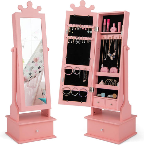 HONEY JOY 2-in-1 Kids Play Jewelry Armoire, Children's Jewelry Storage Cabinet w/Full Length Mirror & Storage Drawers