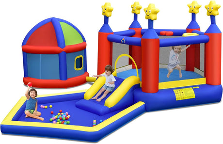 HONEY JOY Inflatable Bounce House with Playhouse, 5-in-1 Star Themed Bouncy Castle w/Double Basketball Hoops