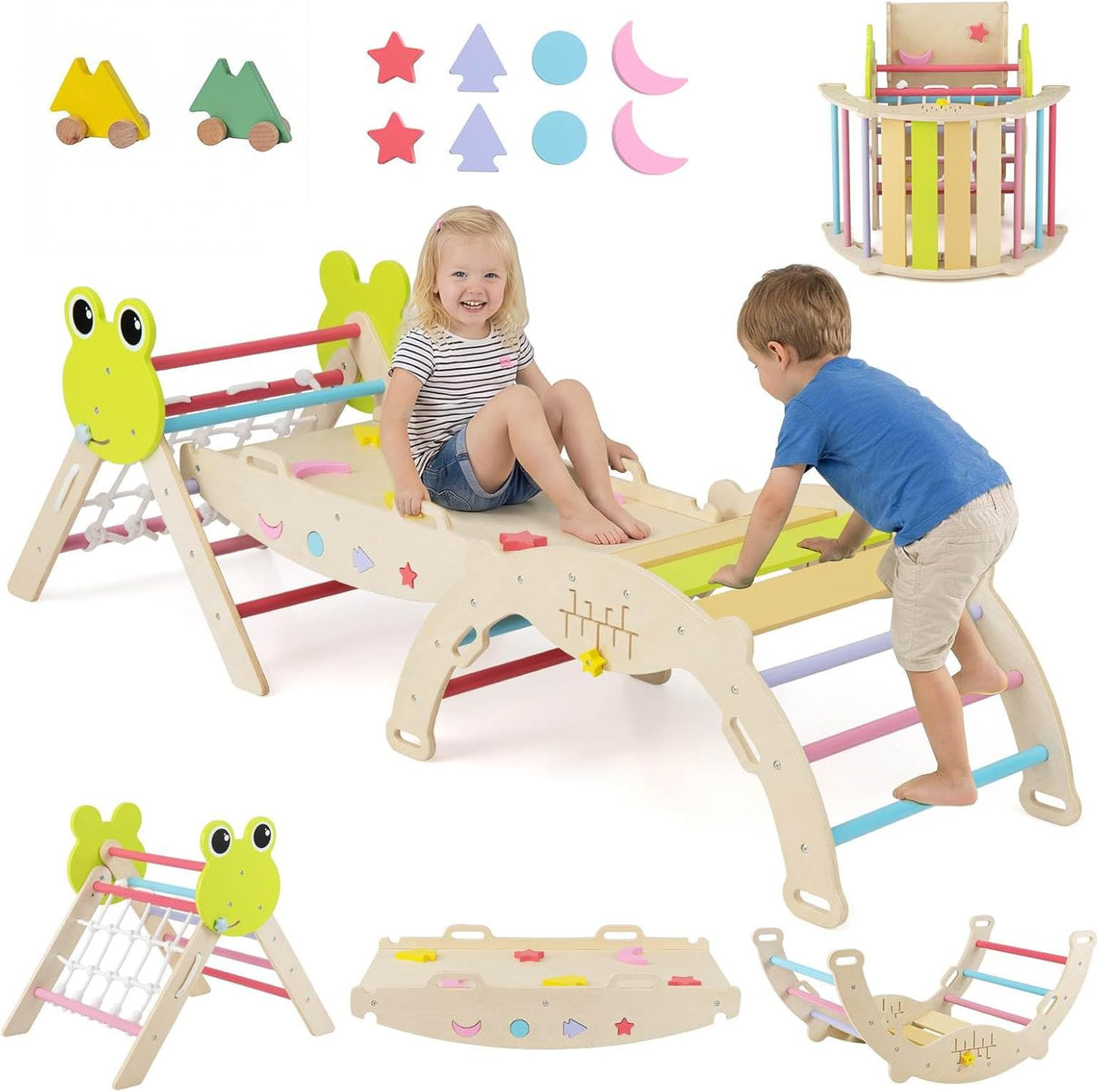HONEY JOY 8-in-1 Wooden Triangle Set, Foldable Montessori Climbing Toys