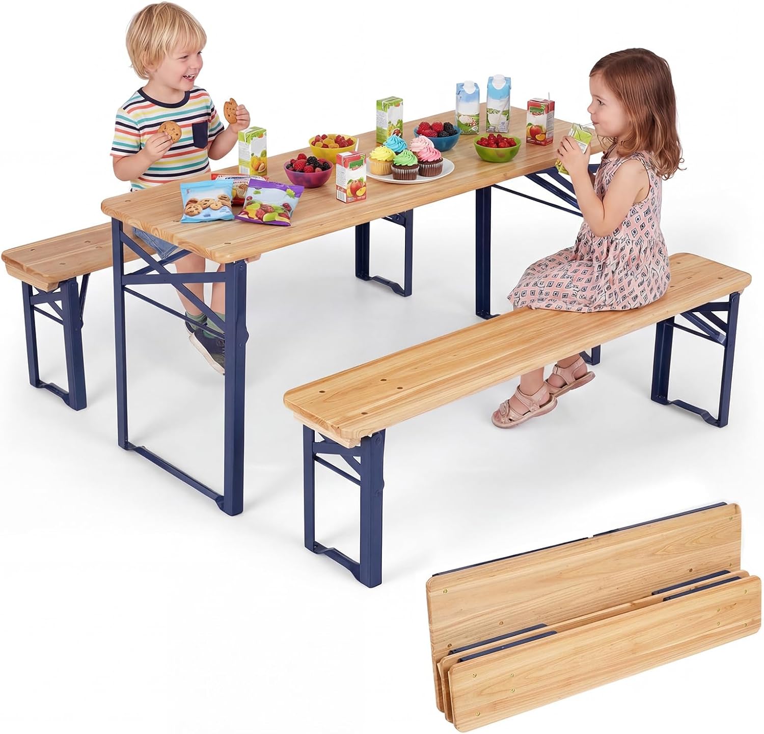 HONEY JOY 110 CM Folding Kids Picnic Table & Bench Set, No