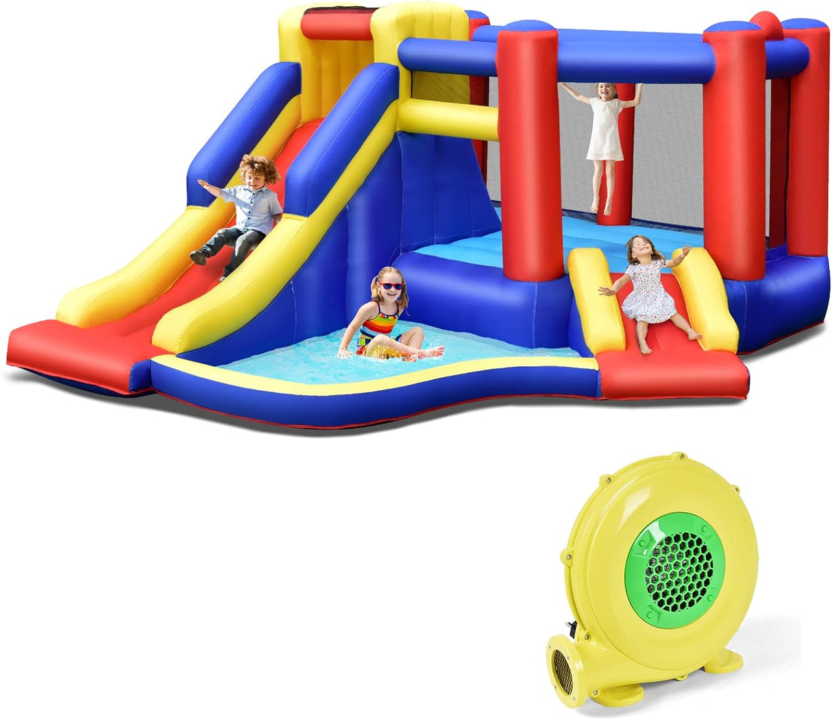 HONEY JOY Inflatable Bounce House with Large Jumping Area, Dual Slide, Ball Pit, Climb Wall, Basketball Hoop