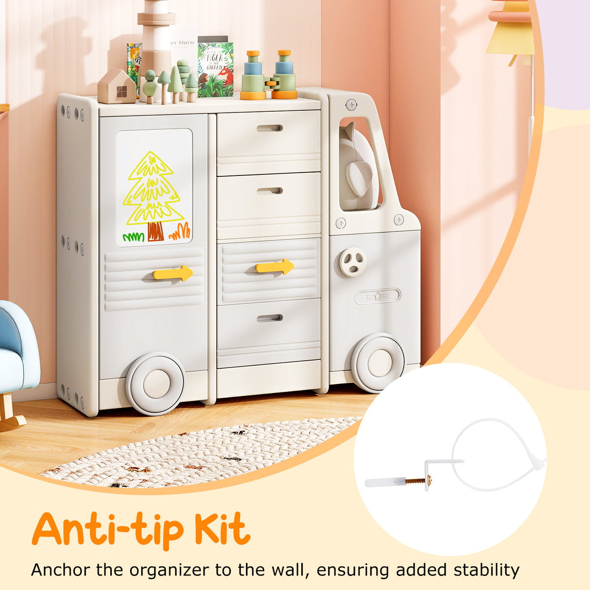 Kids Toy Storage Organizer, Bus-shaped Children Cabinet