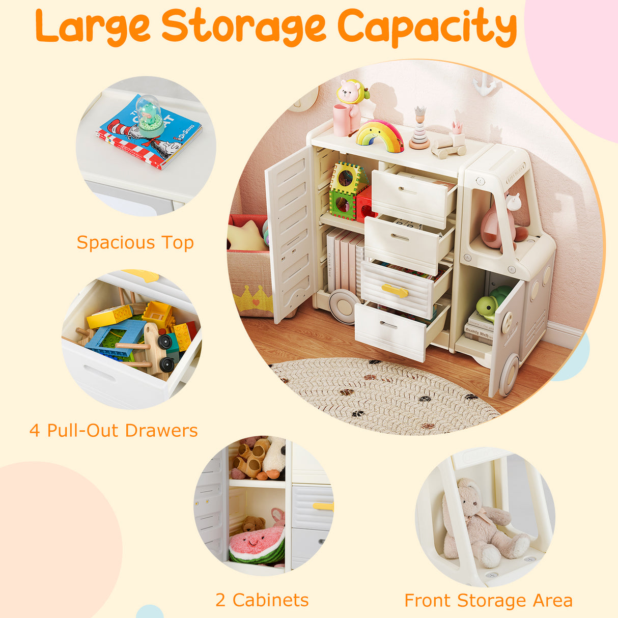 Kids Toy Storage Organizer, Bus-shaped Children Cabinet