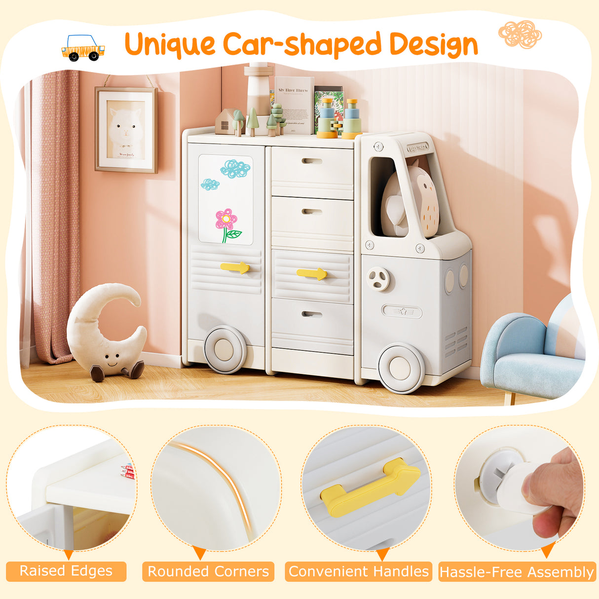 Kids Toy Storage Organizer, Bus-shaped Children Cabinet