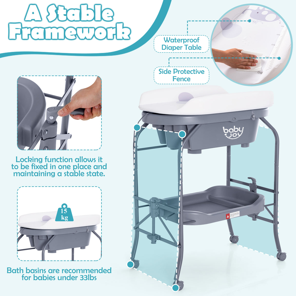 2 in 1 Baby Changing Table with Bath Tub Unit, Folding Diaper Dresser Station