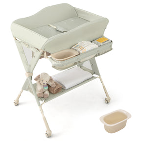 Baby changing table with accessories on a white background