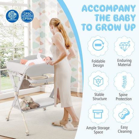 Woman with a baby in a crib, with product features listed on the right.