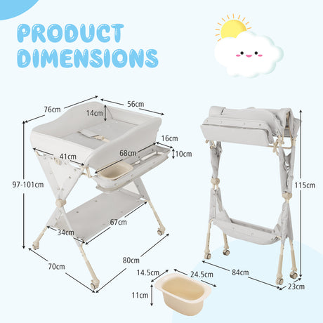 Baby changing table with dimensions on a white background
