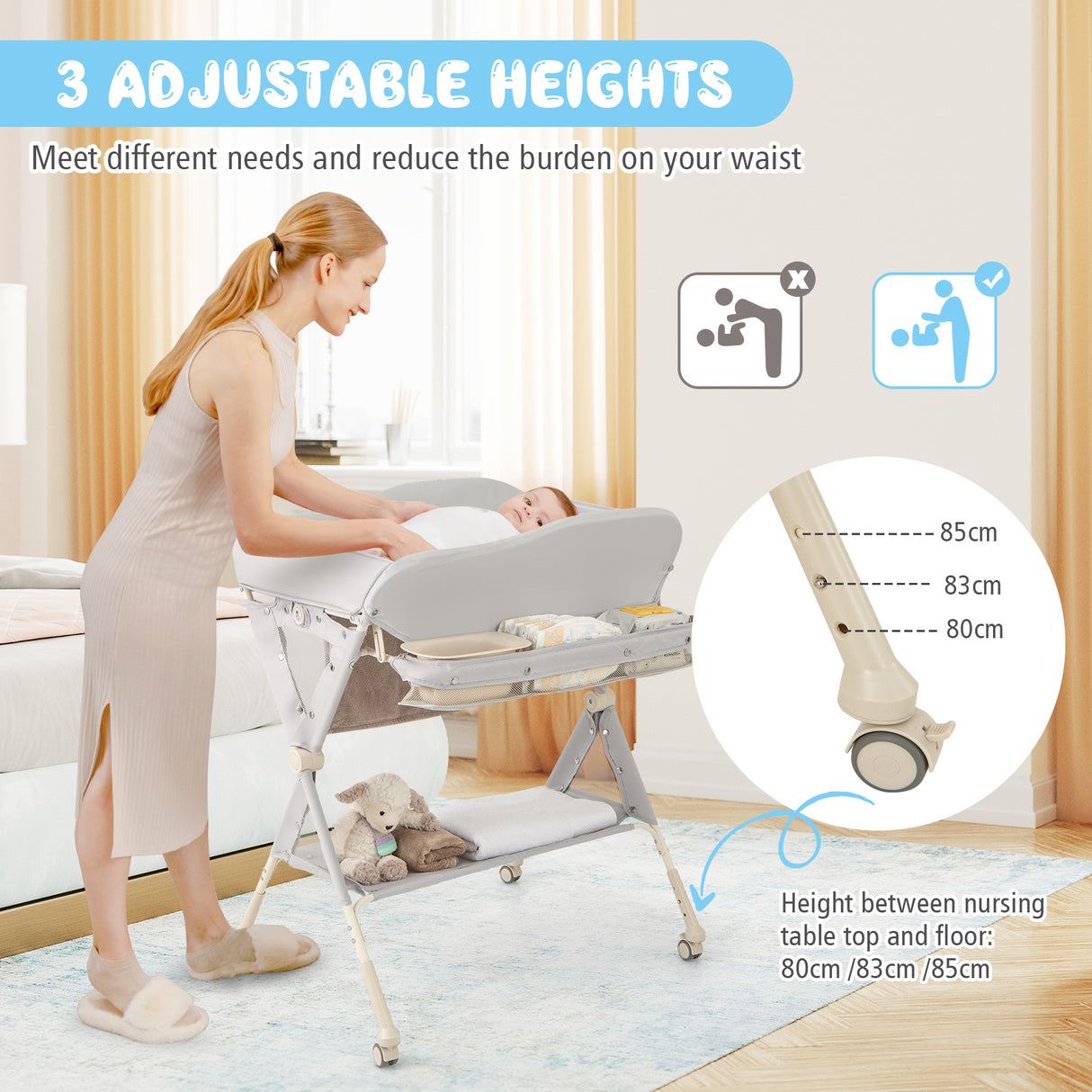 Woman using a adjustable height nursing table with baby, showing three height settings.
