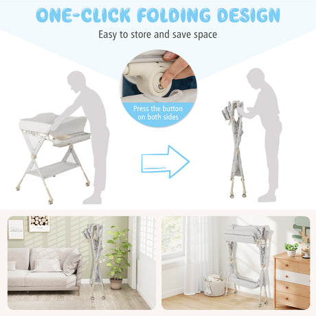 Collage of a one-click folding design product with usage scenarios and storage benefits.