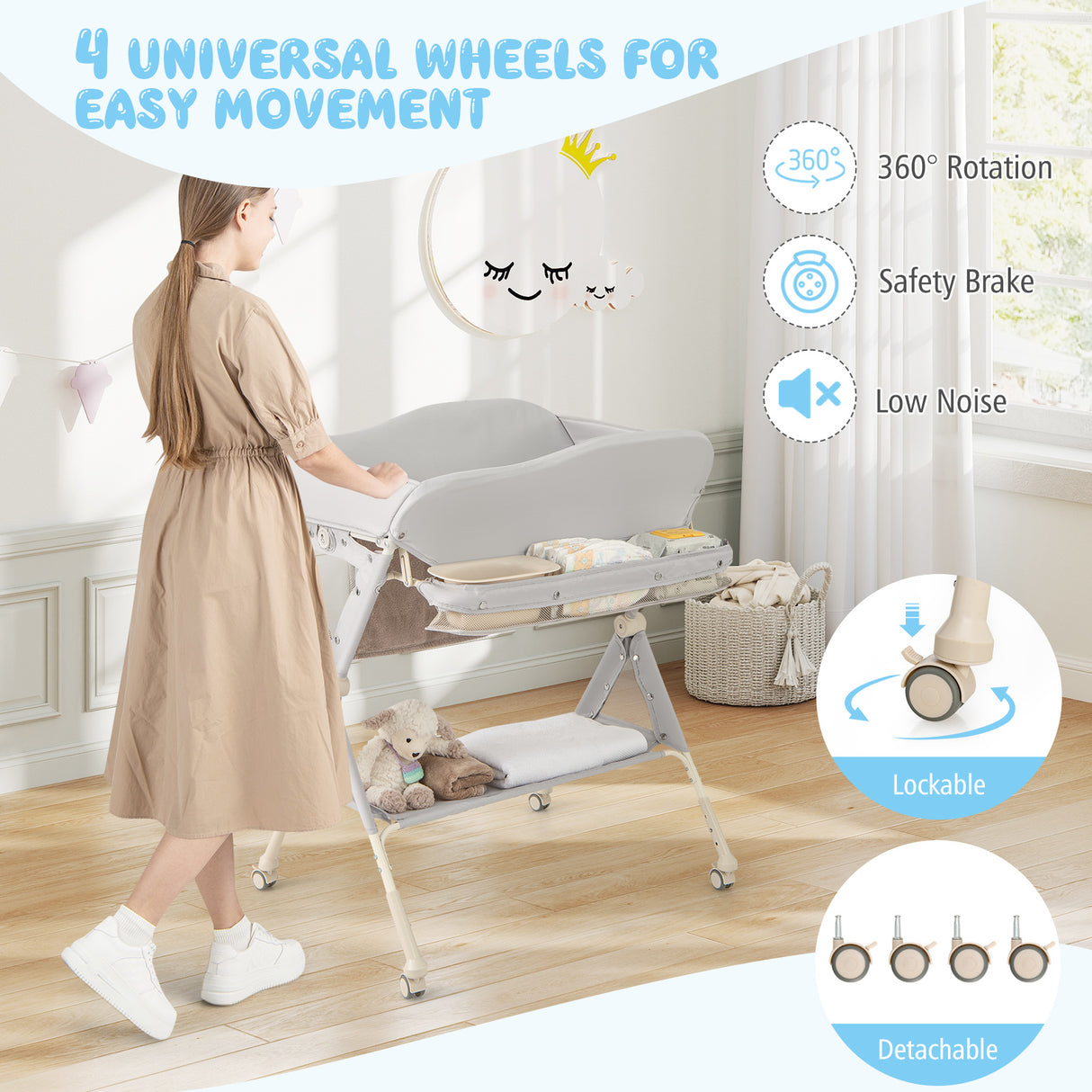 Baby changing table with wheels in a room setting, featuring text and icons about wheel features.