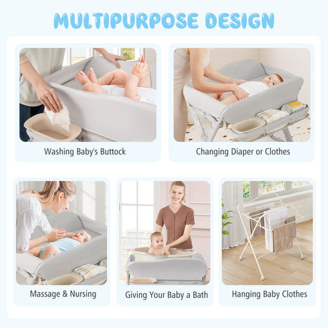 Multifunctional baby changing table with various uses including washing, changing diaper, massage, and bath.