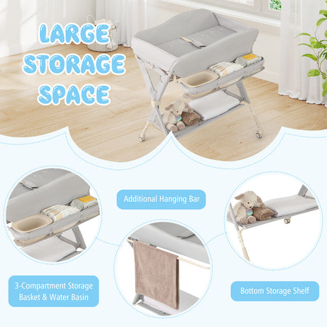 Baby changing table with storage compartments and additional features, labeled 'Large Storage Space'.