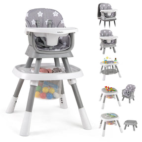 Multi-functional high chair with toy storage and additional seating arrangements on a white background