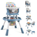 Multi-functional high chair with toy storage and additional seating arrangements on a white background