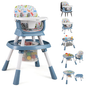 Multi-functional high chair with toy storage and additional seating arrangements on a white background