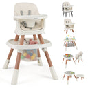 Multi-functional high chair with toy tray and storage bag on a white background