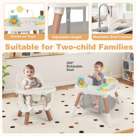 Baby seat with features like hands-on toys, adjustable height, washable seat cushion, and 360-degree rotatable seat. Suitable for two-child families.