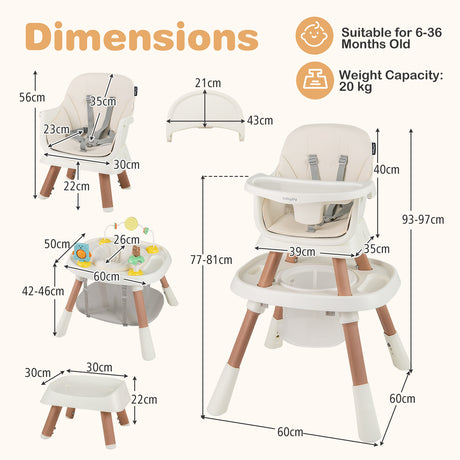Baby high chair with dimensions and features on a white background