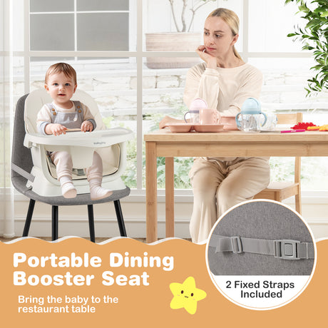 Portable dining booster seat with a baby and woman at a table, featuring text and close-up of straps.