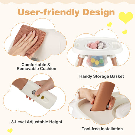 Baby seat with features like comfortable cushion, storage basket, adjustable height, and tool-free installation.